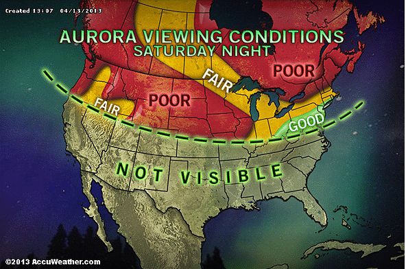 AccuWeather's prediction for viewing conditions tonight.  While their ability to predict the red, yellow and green regions (based on cloud cover) is not in question, no one can reliably predict the green line that determines where the auroras might potentially be seen.