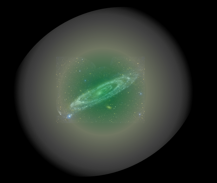 Fig. 2:  The visible part of every galaxy is believed to lie roughly at the center of a much larger halo of dark matter.  