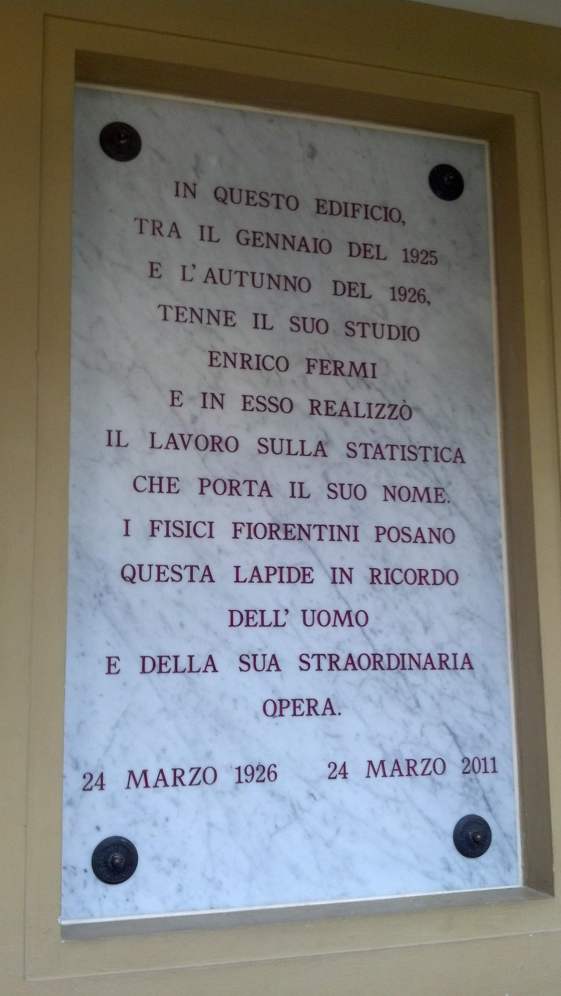 Plaque commemorating Fermi's work on what we now call `fermions'. [Credit: M. Strassler]