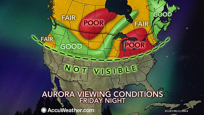 Don't believe this map by AccuWeather.  Oh, sure, they know something about clouds.  But auroras, not much.  